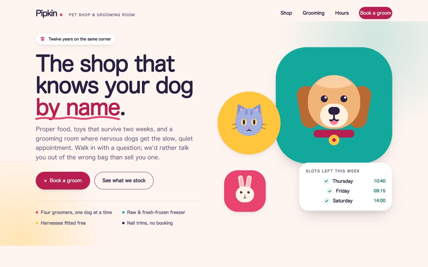 Pet shop and grooming website, shown on desktop and phone